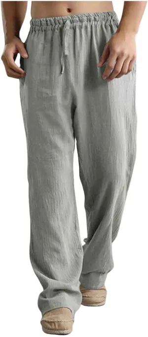 Mens Casual Cotton Pants, Drawstring Pants Men, Lightweight Elastic Waist Summer Beach Trousers Plus Size Pockets