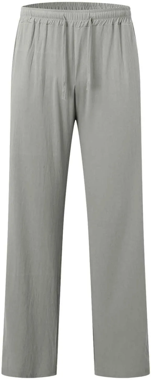 Mens Casual Cotton Pants, Drawstring Pants Men, Lightweight Elastic Waist Summer Beach Trousers Plus Size Pockets
