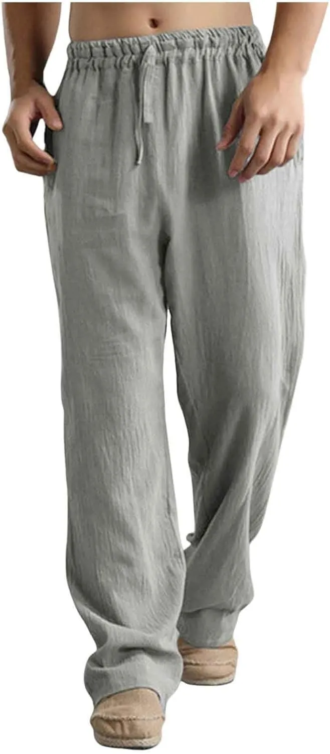 Mens Casual Cotton Pants, Drawstring Pants Men, Lightweight Elastic Waist Summer Beach Trousers Plus Size Pockets