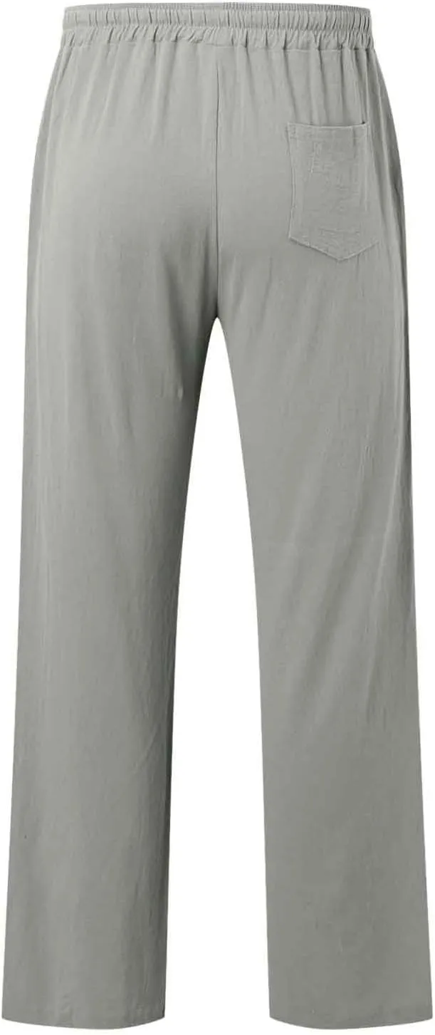 Mens Casual Cotton Pants, Drawstring Pants Men, Lightweight Elastic Waist Summer Beach Trousers Plus Size Pockets