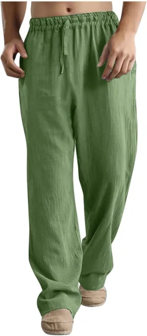 Mens Casual Linen Pants Lightweight Drawstring Wide Straight Leg Pant Athletic Gym Joggers Summer Beach Trouser