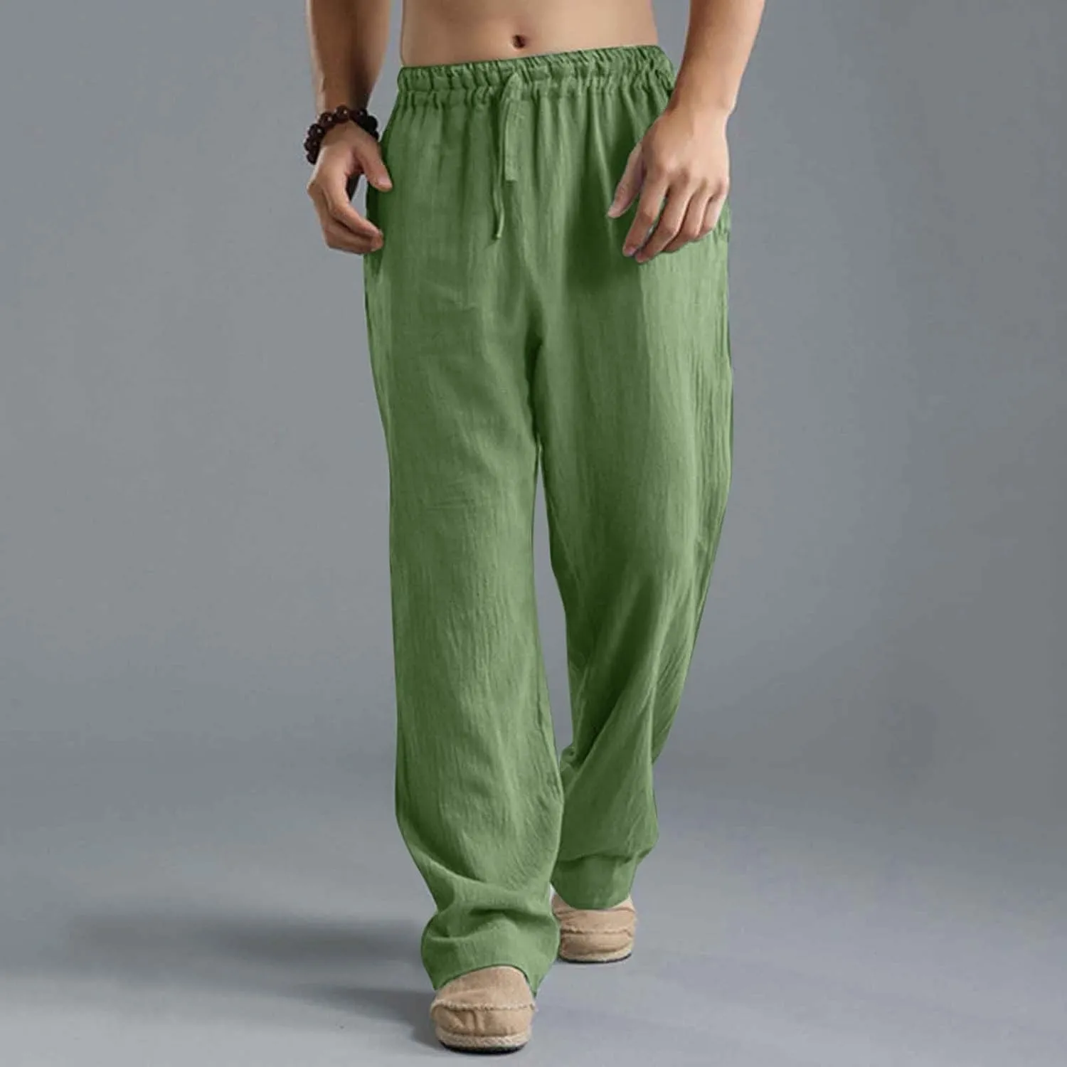 Mens Casual Linen Pants Lightweight Drawstring Wide Straight Leg Pant Athletic Gym Joggers Summer Beach Trouser