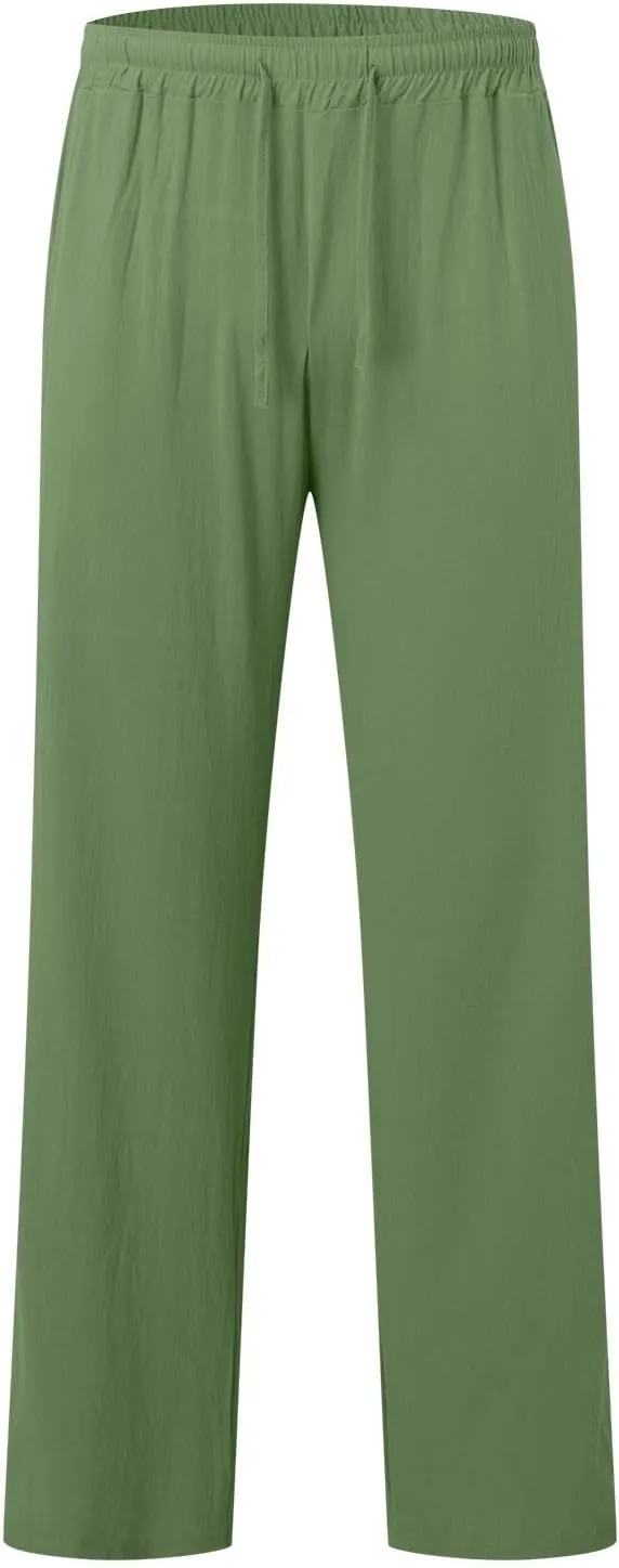 Mens Casual Linen Pants Lightweight Drawstring Wide Straight Leg Pant Athletic Gym Joggers Summer Beach Trouser