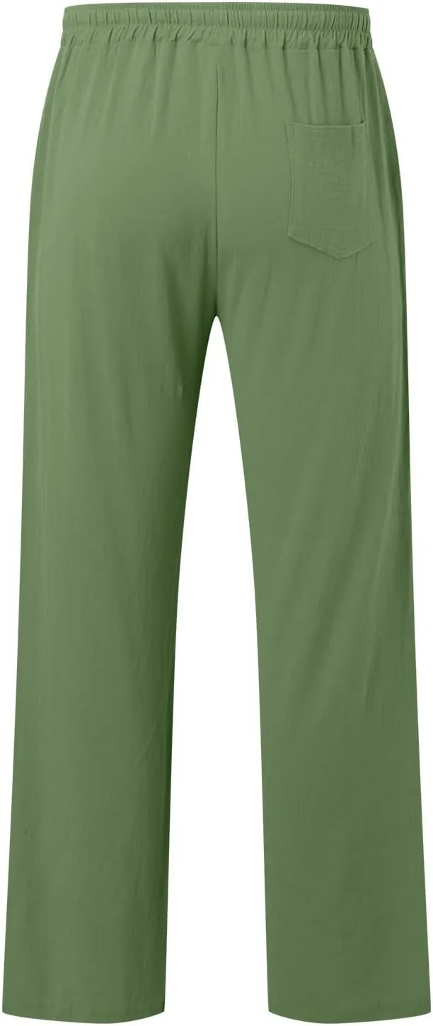 Mens Casual Linen Pants Lightweight Drawstring Wide Straight Leg Pant Athletic Gym Joggers Summer Beach Trouser