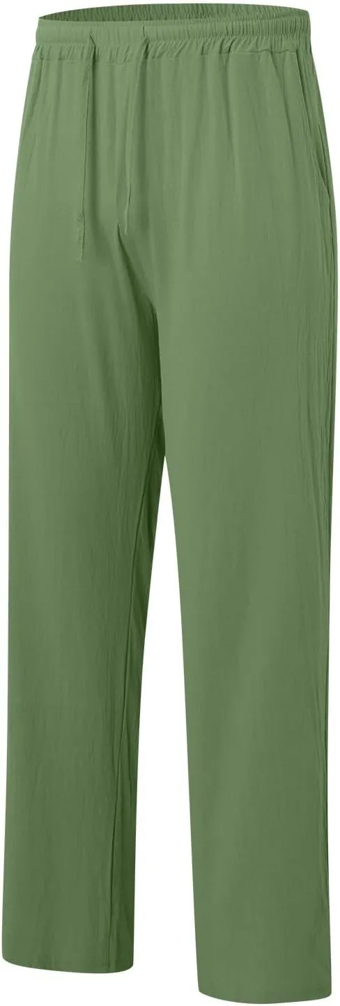 Mens Casual Linen Pants Lightweight Drawstring Wide Straight Leg Pant Athletic Gym Joggers Summer Beach Trouser
