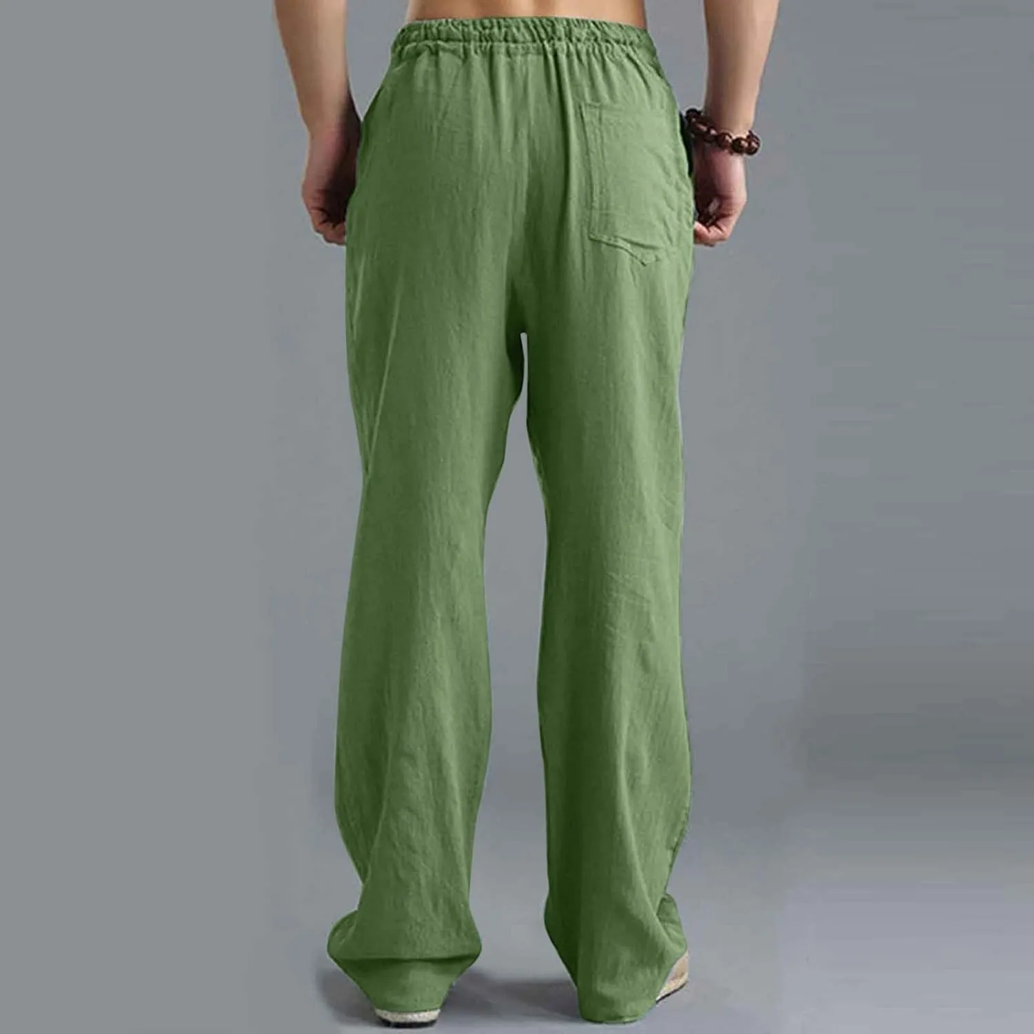 Mens Casual Linen Pants Lightweight Drawstring Wide Straight Leg Pant Athletic Gym Joggers Summer Beach Trouser