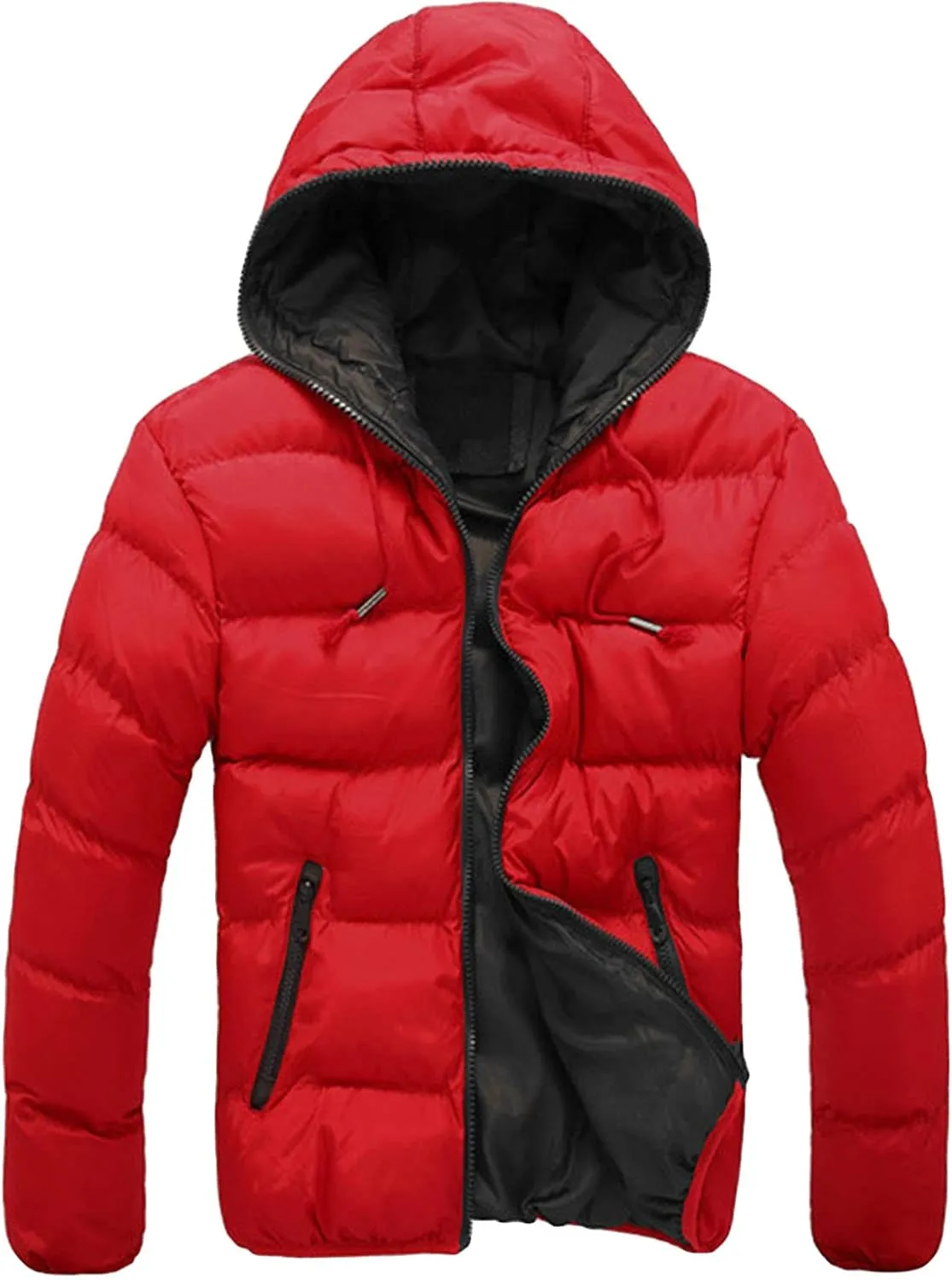 Men's Color Winter Hooded Jacket Casual Warm Cotton-Padded Jacket Coat Male Quilted Thick Hooded Jacket With Hood