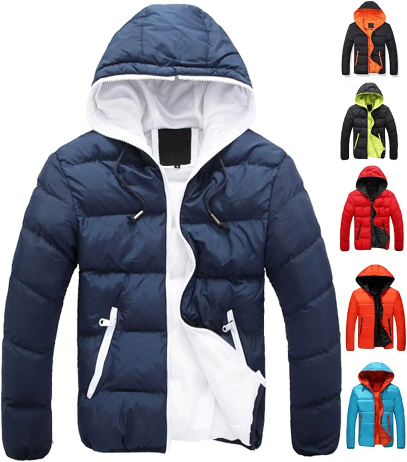 Men's Color Winter Hooded Jacket Casual Warm Cotton-Padded Jacket Coat Male Quilted Thick Hooded Jacket With Hood