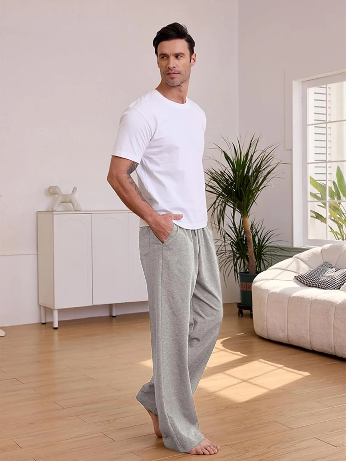 Men's Cotton Yoga Sweatpants Athletic Lounge Pants Open Bottom Casual Loose Sweat Pants for Men with Pockets