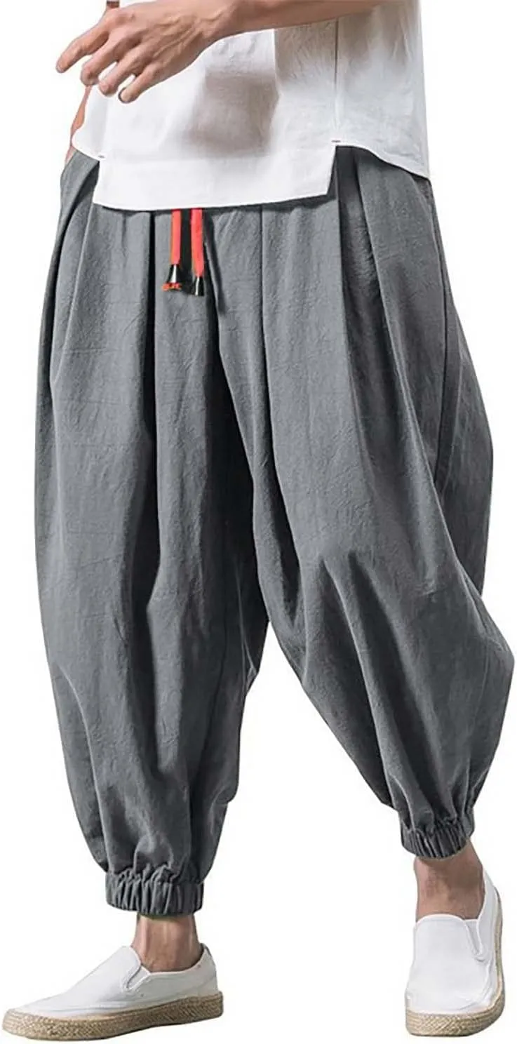 Mens Drop Crotch Harem Pants, Baggy Hippie Pants Boho Pant Wide Leg Drawstring Elastic Waist Trousers Casual Yoga Pants