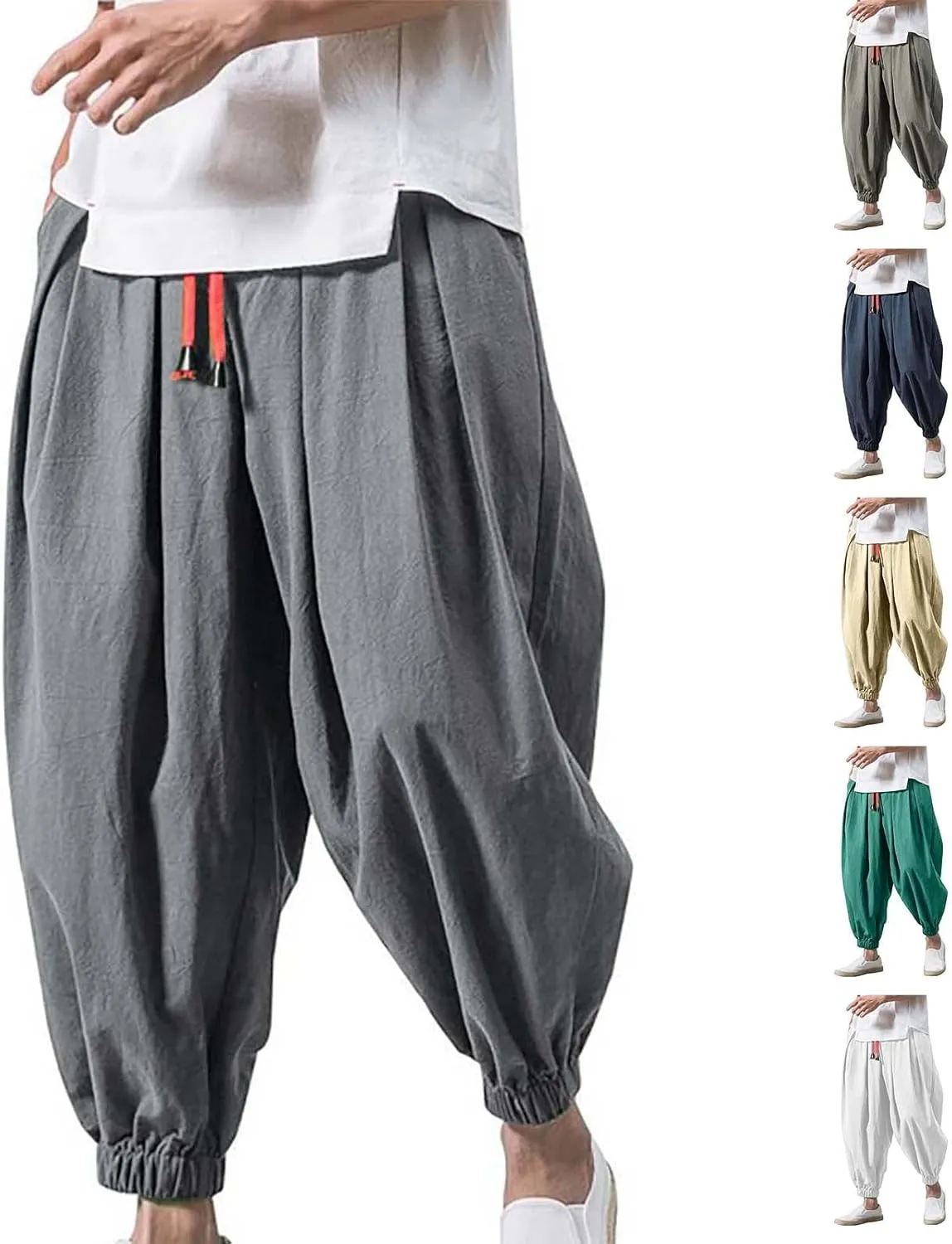 Mens Drop Crotch Harem Pants, Baggy Hippie Pants Boho Pant Wide Leg Drawstring Elastic Waist Trousers Casual Yoga Pants