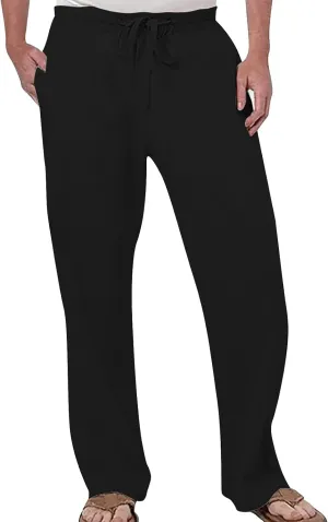 Mens Fashion Casual Solid Color Cotton and Linen Pants Elastic Waist Drawstring Pants Trousers with Pockets