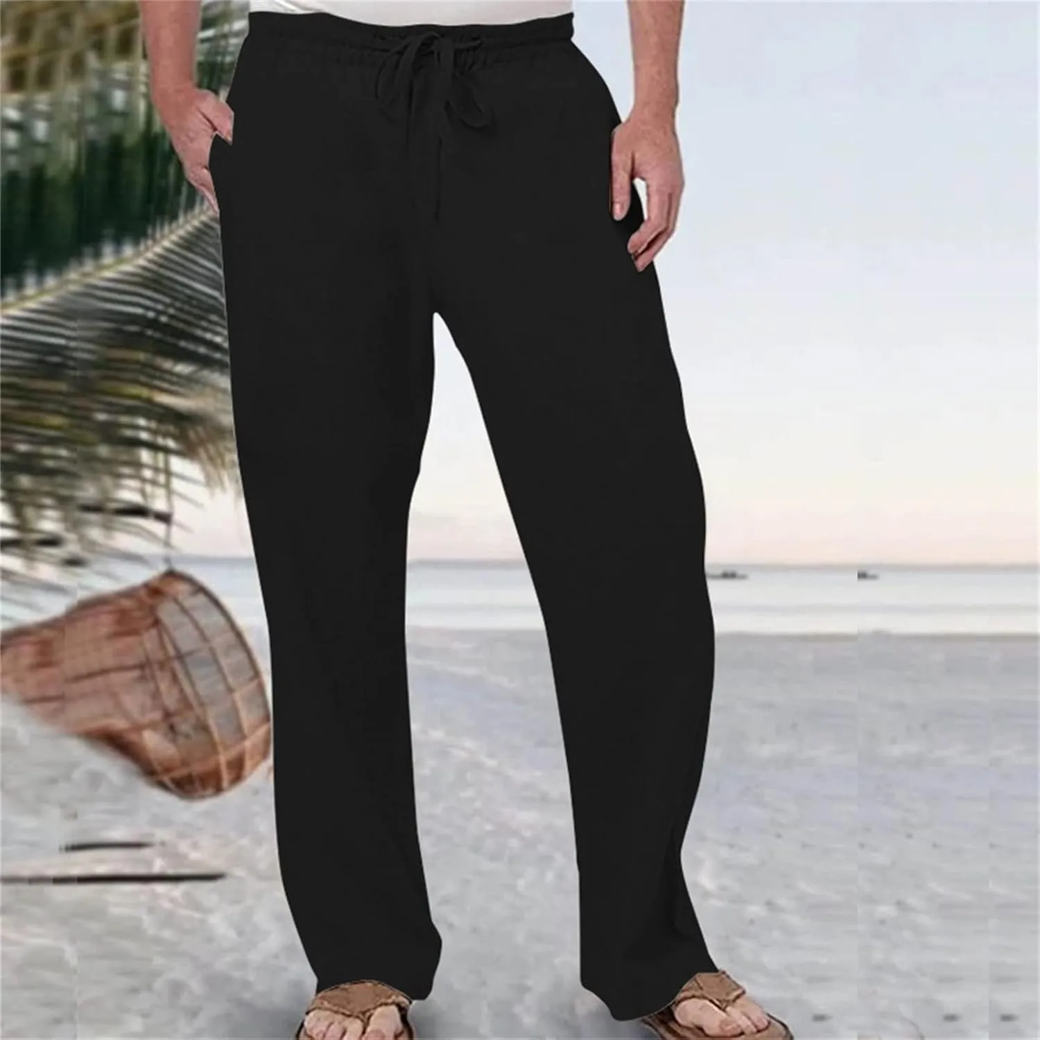 Mens Fashion Casual Solid Color Cotton and Linen Pants Elastic Waist Drawstring Pants Trousers with Pockets
