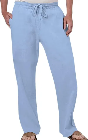 Mens Fashion Casual Solid Color Cotton and Linen Pants Elastic Waist Drawstring Pants Trousers with Pockets