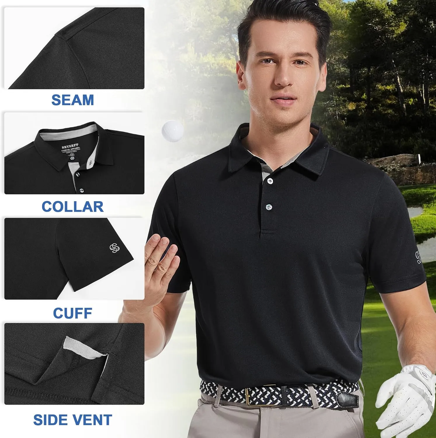 Mens Golf Shirt Short Sleeve Moisture Wicking Dry Fit Performance Solid Casual Pique Collared Golf Polo Shirts for Men