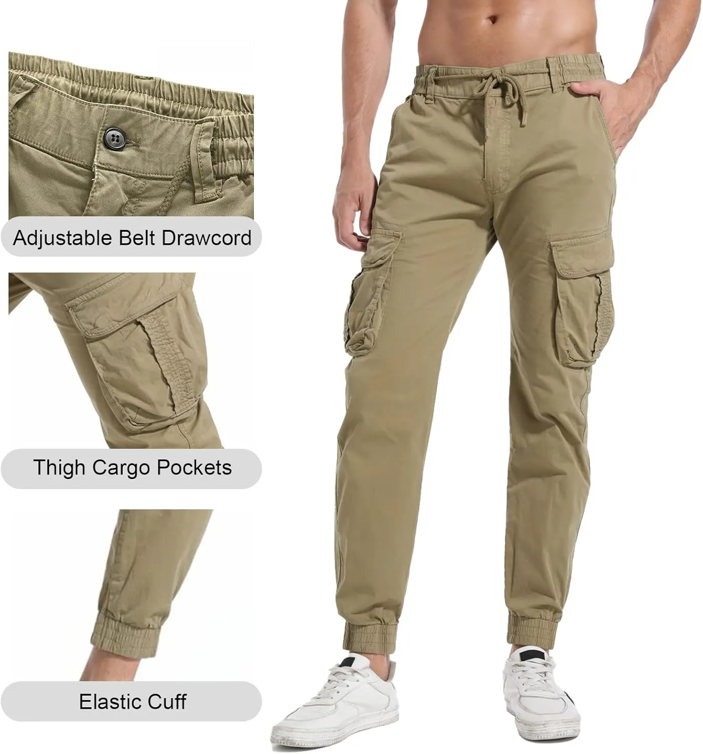 Men's Hiking Cargo Pants Joggers Slim Fit Stretch Lightweight Casual Work Pants with Pockets Drawstring Waist