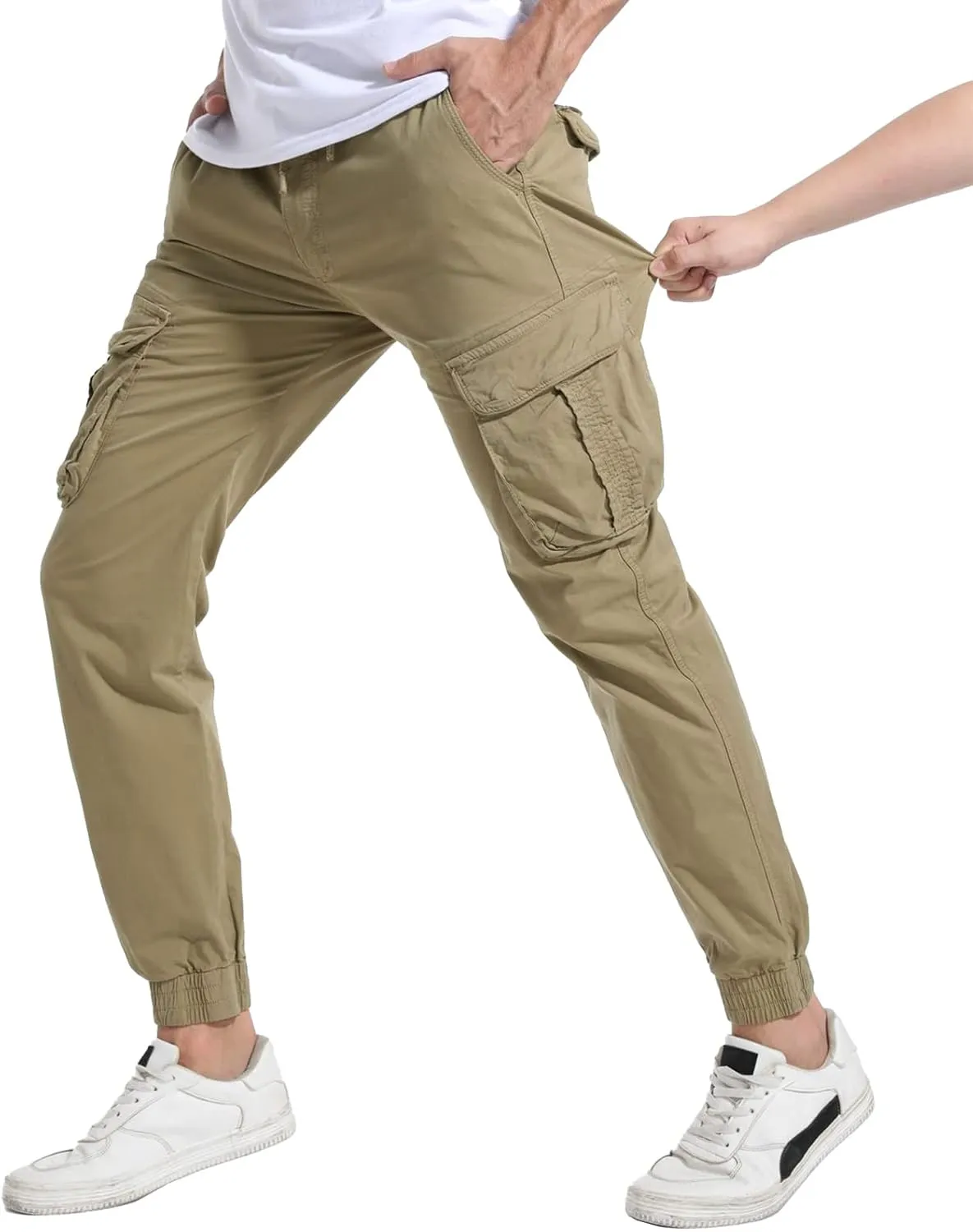 Men's Hiking Cargo Pants Joggers Slim Fit Stretch Lightweight Casual Work Pants with Pockets Drawstring Waist