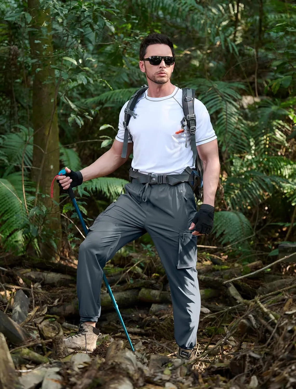 Men's Hiking Pants Cargo Lightweight Quick Dry Elastic Waist Golf Joggers with Zipper Pockets Water Resistant