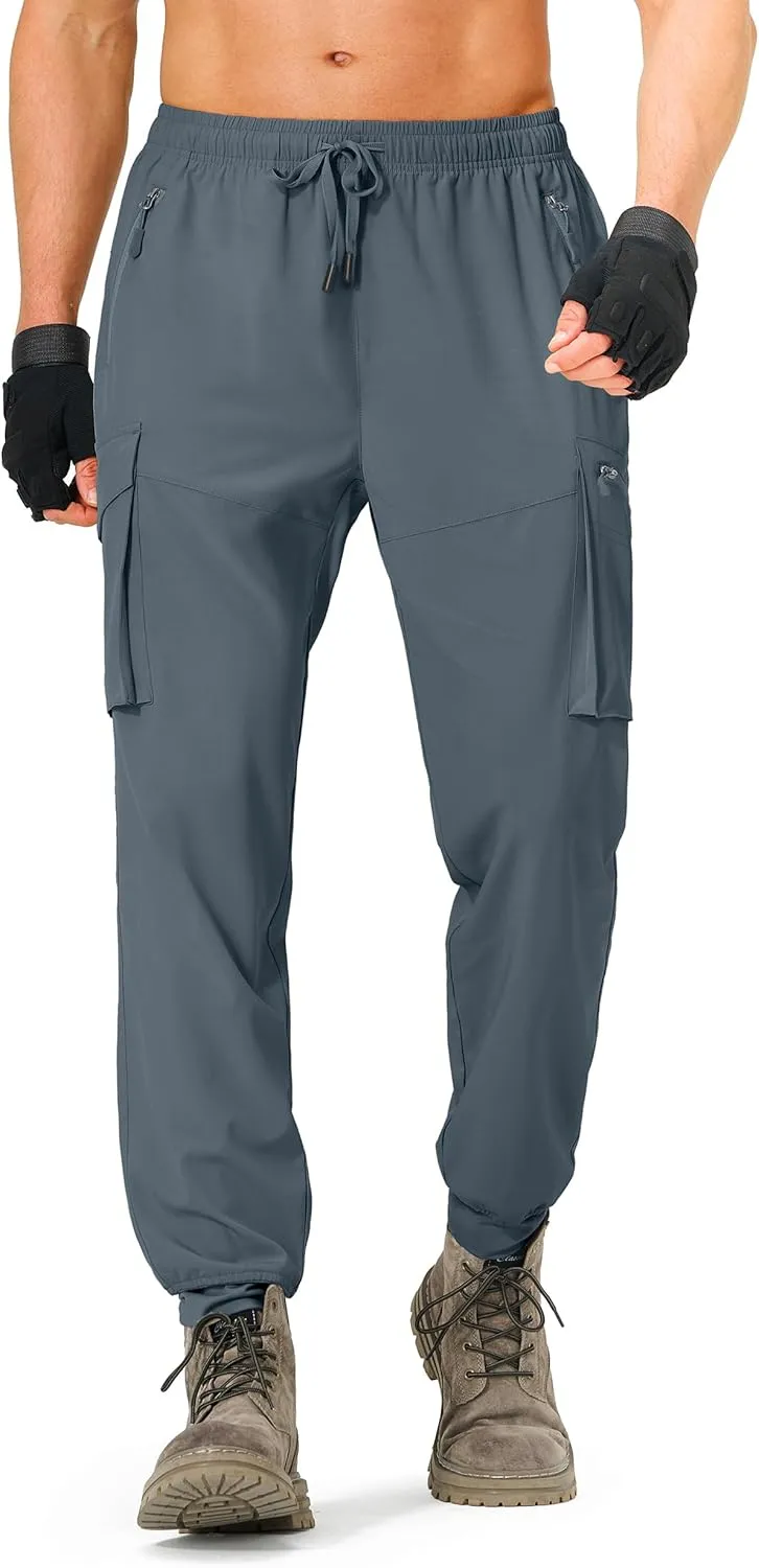 Men's Hiking Pants Cargo Lightweight Quick Dry Elastic Waist Golf Joggers with Zipper Pockets Water Resistant