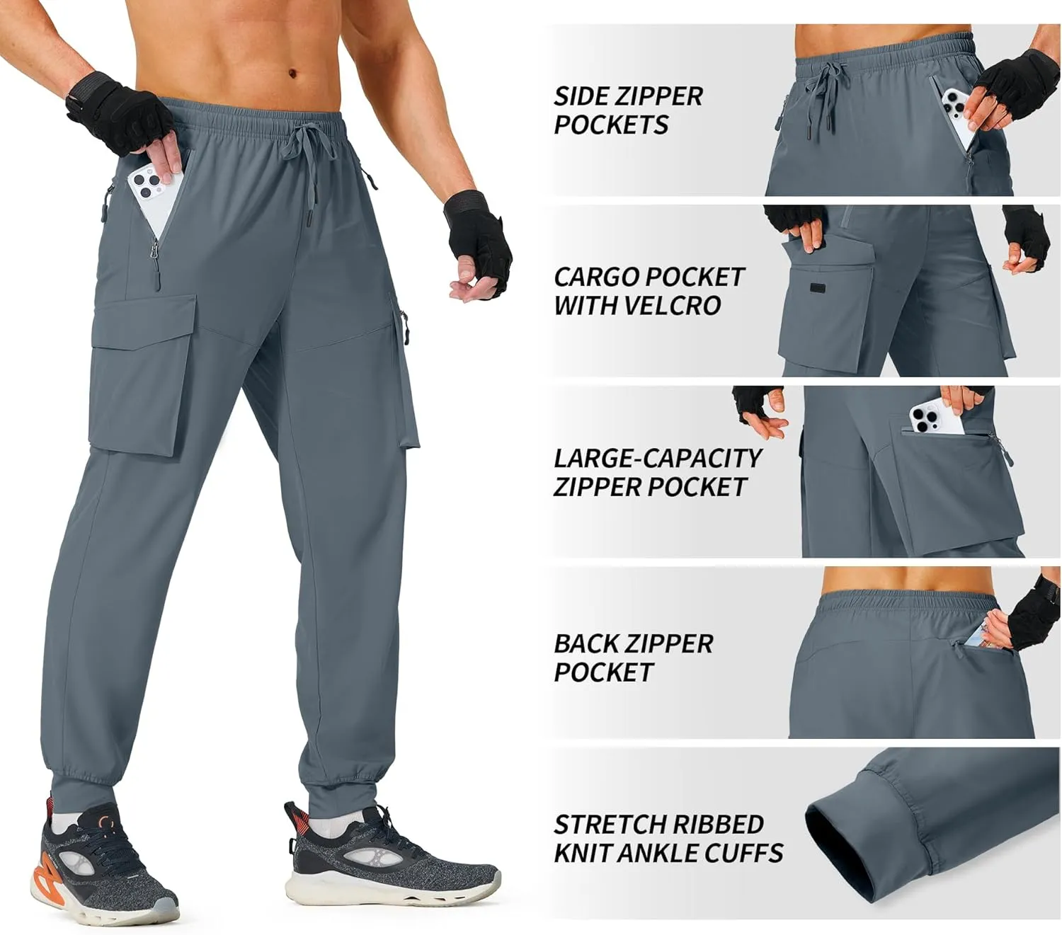 Men's Hiking Pants Cargo Lightweight Quick Dry Elastic Waist Golf Joggers with Zipper Pockets Water Resistant