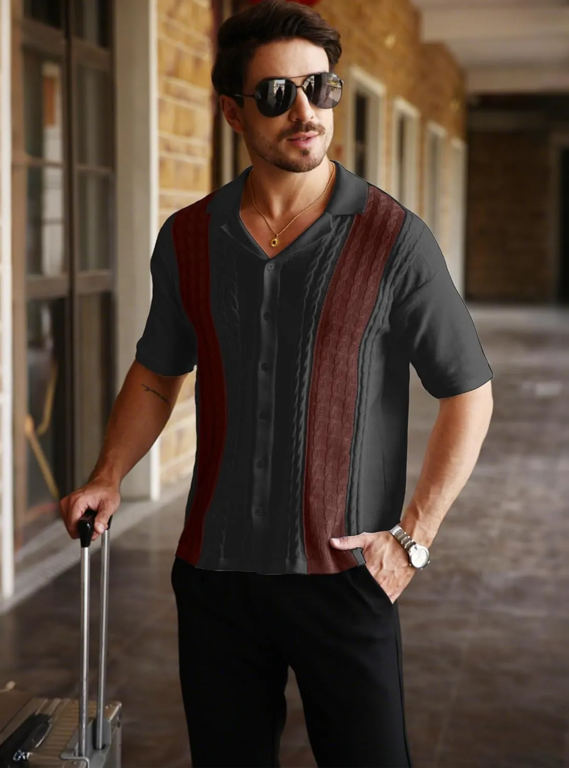 Men's Knit Shirts Short Sleeve Button Down Shirt Cuban Collar Vintage Casual Summer Tops with Crochet Cable Design
