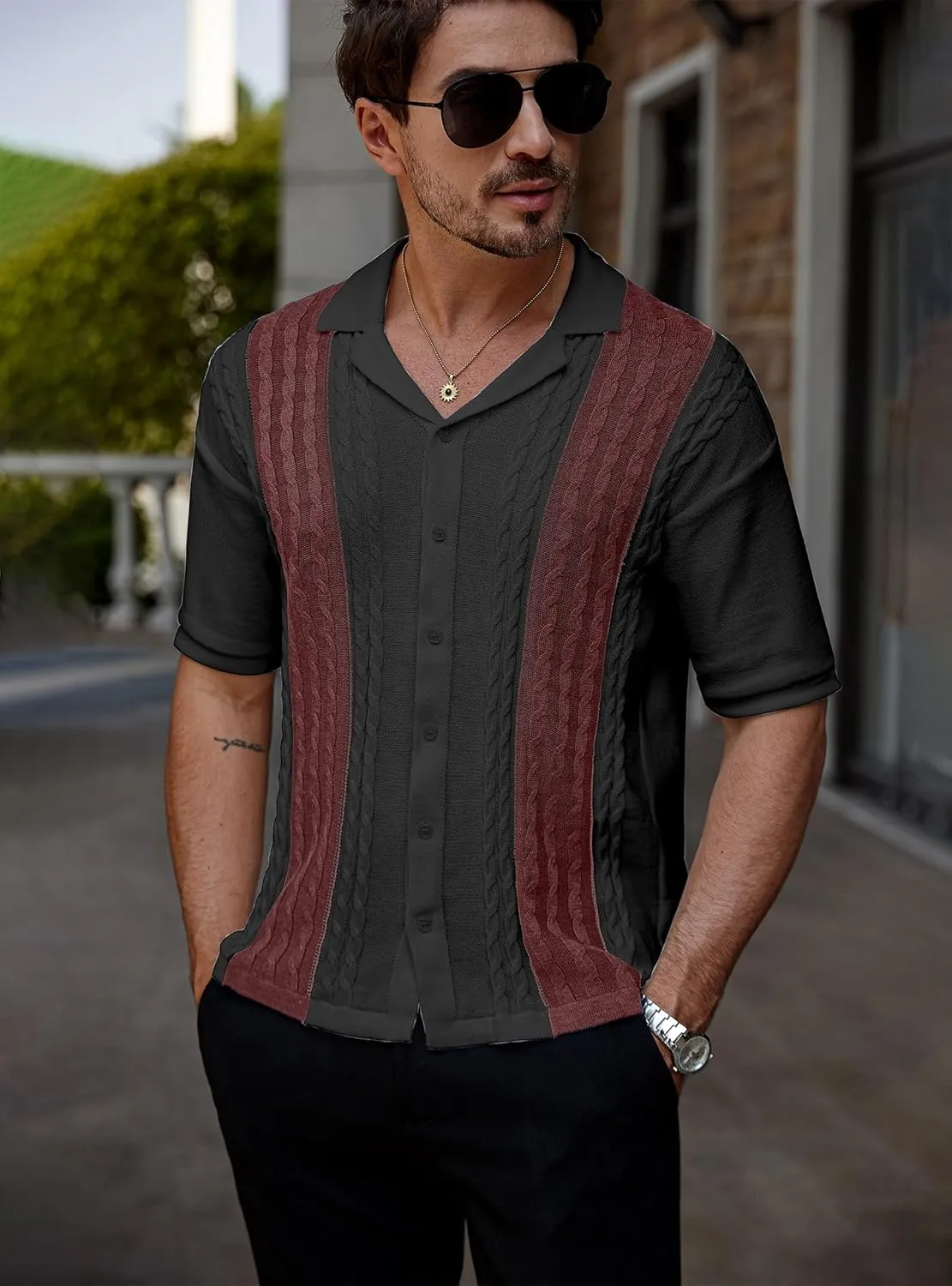 Men's Knit Shirts Short Sleeve Button Down Shirt Cuban Collar Vintage Casual Summer Tops with Crochet Cable Design