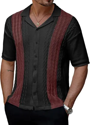 Men's Knit Shirts Short Sleeve Button Down Shirt Cuban Collar Vintage Casual Summer Tops with Crochet Cable Design
