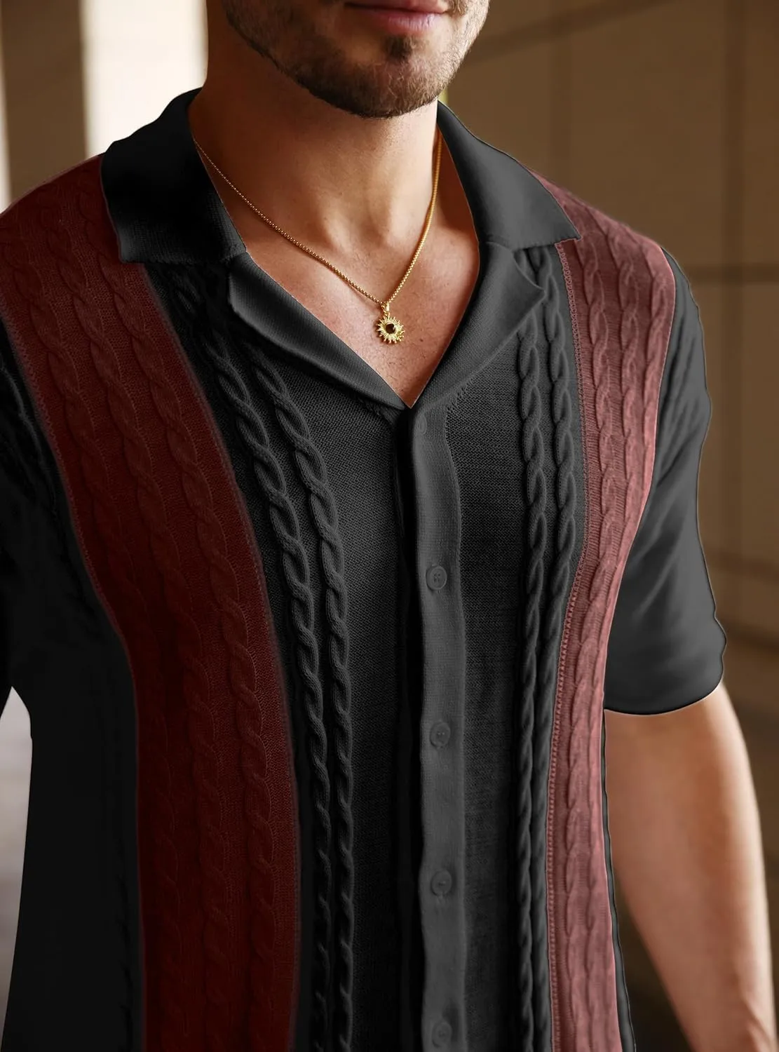 Men's Knit Shirts Short Sleeve Button Down Shirt Cuban Collar Vintage Casual Summer Tops with Crochet Cable Design