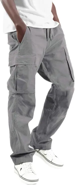 Men's Lightweight Fleece Cargo Sweatpants Baggy Elastic Waist Drawstring Pants Pockets Running Joggers Trousers