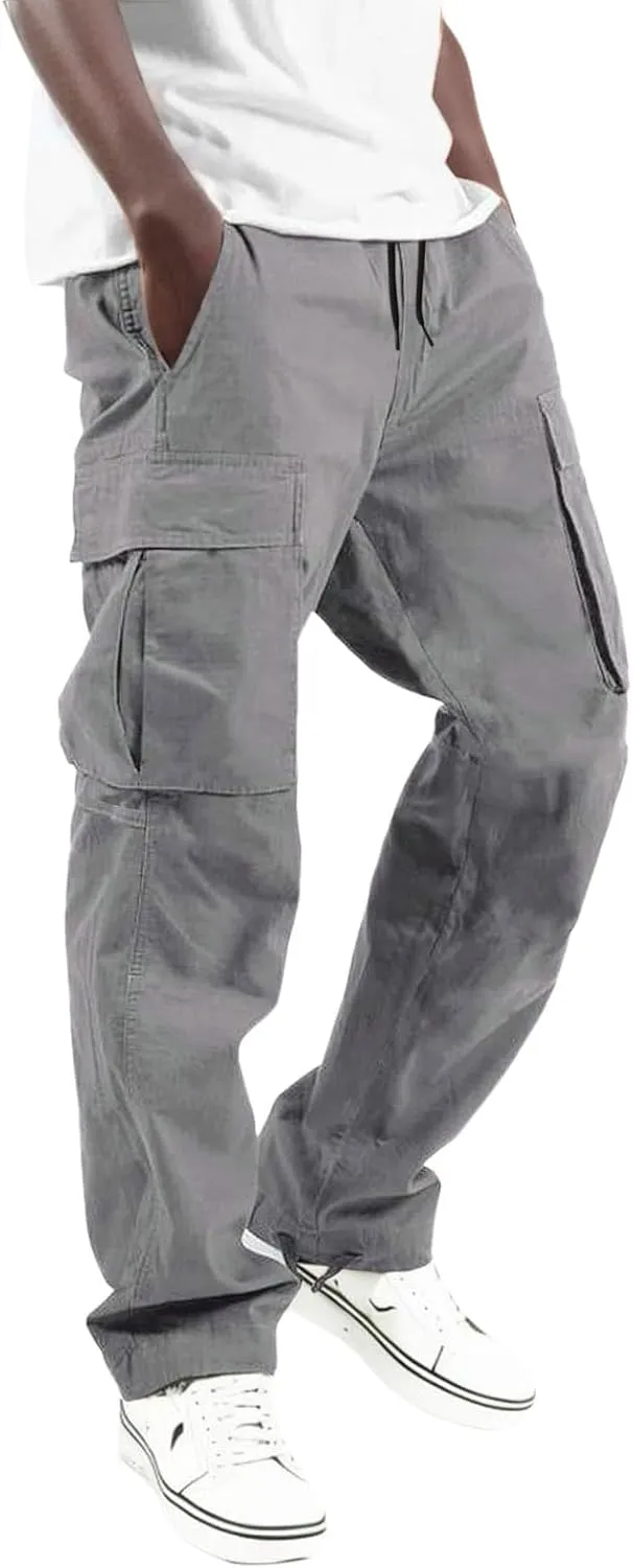 Men's Lightweight Fleece Cargo Sweatpants Baggy Elastic Waist Drawstring Pants Pockets Running Joggers Trousers