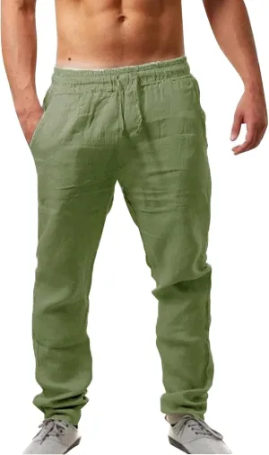 Men's Linen Pants, Casual Lightweight Beach Summer Pants Elastic Waist Workout Slim Fit Trousers, Sweatpants for Mens