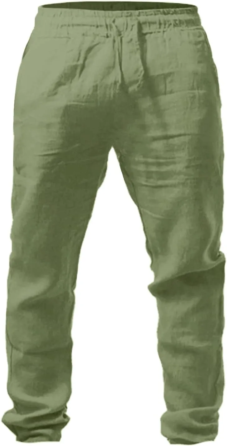 Men's Linen Pants, Casual Lightweight Beach Summer Pants Elastic Waist Workout Slim Fit Trousers, Sweatpants for Mens