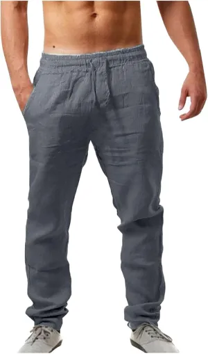 Mens Linen Yoga Lightweight Joggers Pants, Loose Casual Summer Elastic Waist Drawstring Baggy Trousers with Pocket