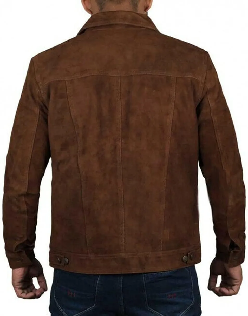Men's Logan Cowboy Style Brown trucker Suede Leather Jacket With Free of Cost T-Shirt