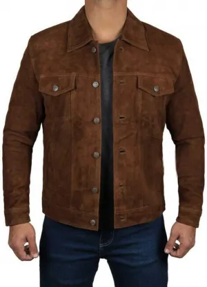 Men's Logan Cowboy Style Brown trucker Suede Leather Jacket With Free of Cost T-Shirt