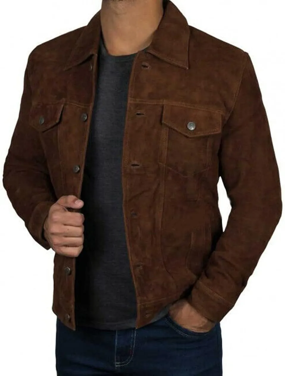 Men's Logan Cowboy Style Brown trucker Suede Leather Jacket With Free of Cost T-Shirt