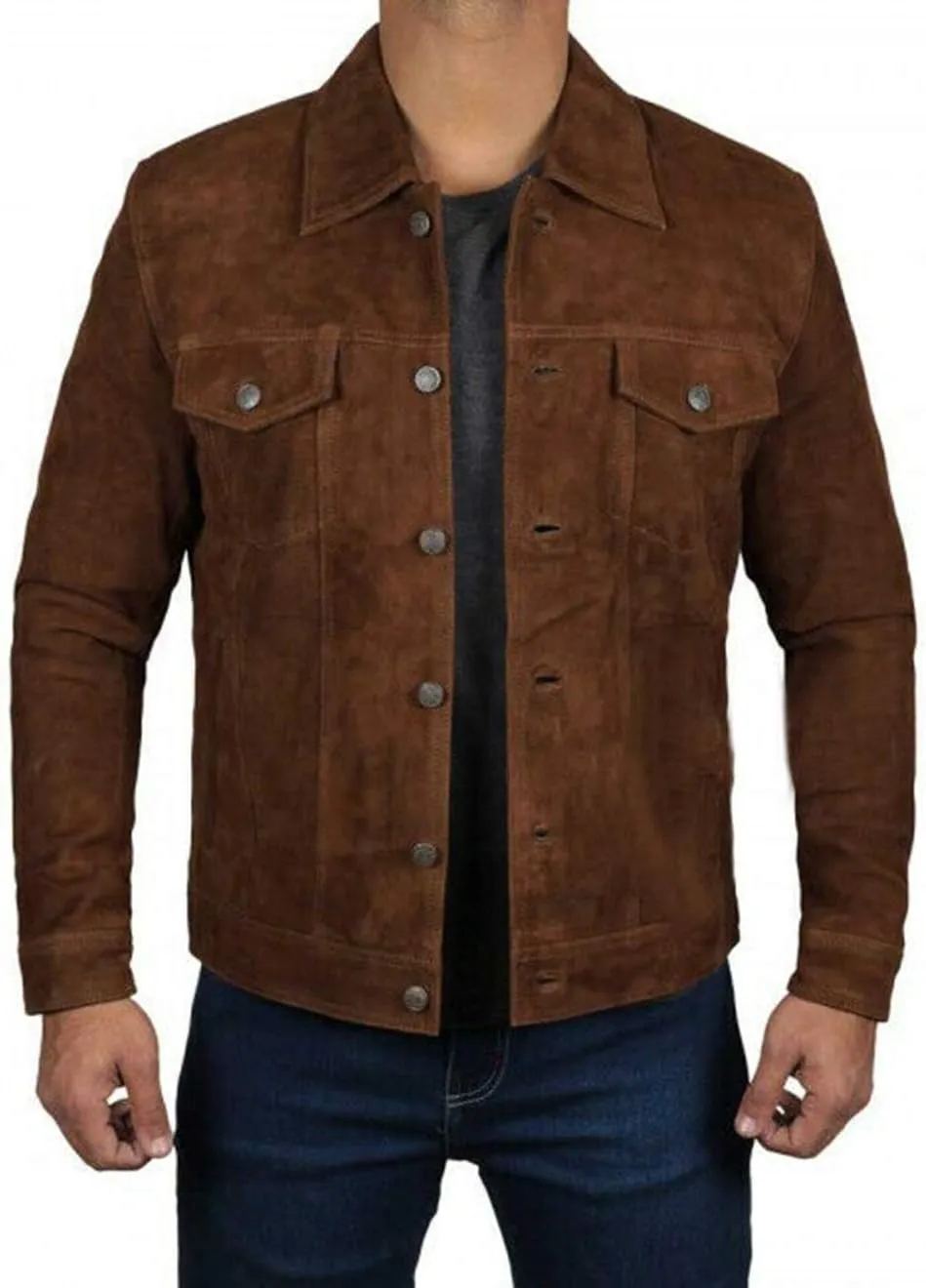 Men's Logan Cowboy Style Brown trucker Suede Leather Jacket With Free of Cost T-Shirt