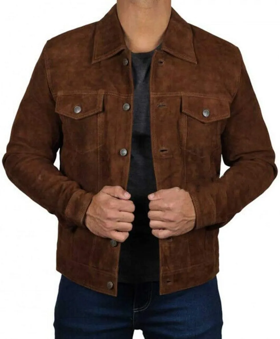 Men's Logan Cowboy Style Brown trucker Suede Leather Jacket With Free of Cost T-Shirt
