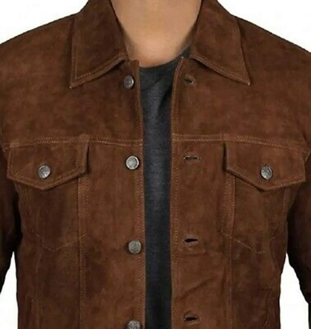 Men's Logan Cowboy Style Brown trucker Suede Leather Jacket With Free of Cost T-Shirt