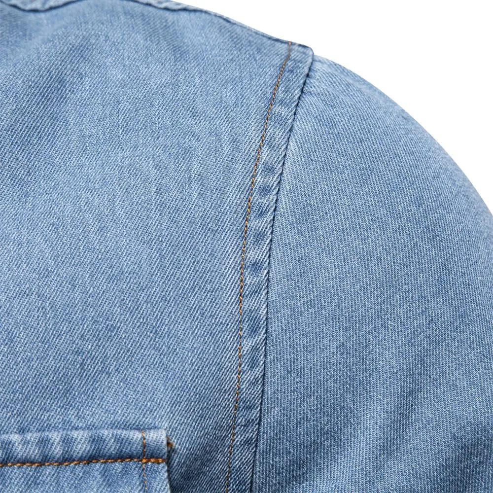 Mens Long Sleeve Denim Shirt Slim Fit Cotton Button Down Casual Work Shirts for Men Double Pocket