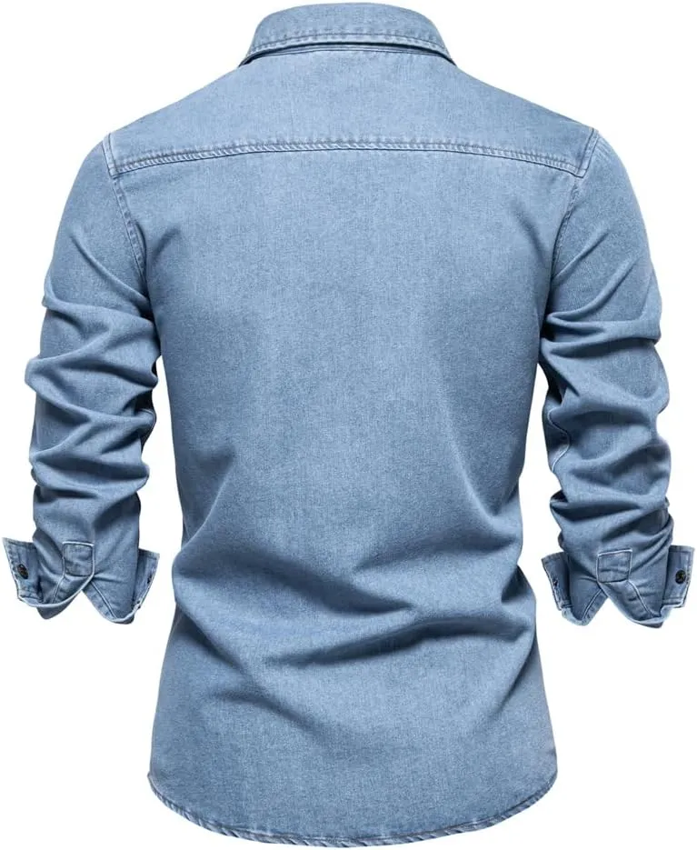 Mens Long Sleeve Denim Shirt Slim Fit Cotton Button Down Casual Work Shirts for Men Double Pocket