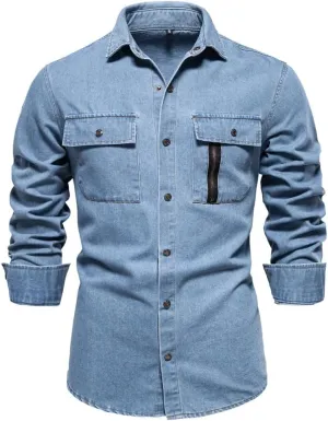 Mens Long Sleeve Denim Shirt Slim Fit Cotton Button Down Casual Work Shirts for Men Double Pocket