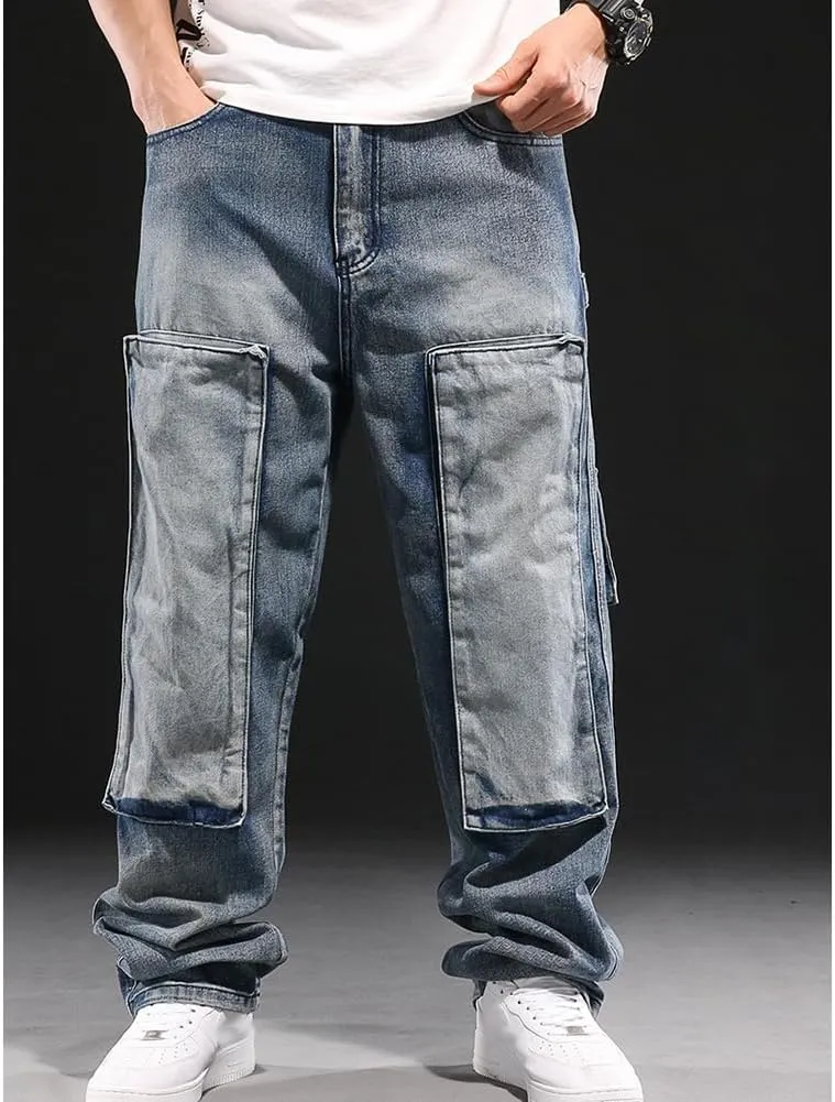 Mens Loose Fit Hip Hop Jeans Casual Cargo Denim Pants with Multi Pockets
