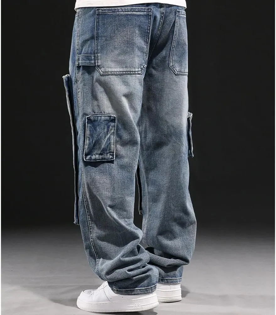 Mens Loose Fit Hip Hop Jeans Casual Cargo Denim Pants with Multi Pockets