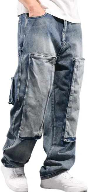 Mens Loose Fit Hip Hop Jeans Casual Cargo Denim Pants with Multi Pockets