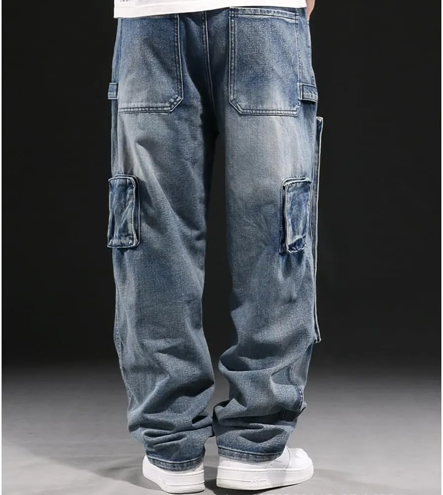 Mens Loose Fit Hip Hop Jeans Casual Cargo Denim Pants with Multi Pockets