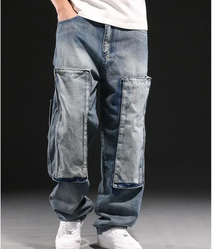 Mens Loose Fit Hip Hop Jeans Casual Cargo Denim Pants with Multi Pockets