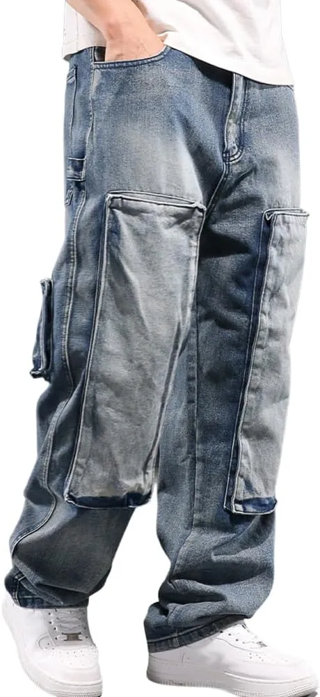 Mens Loose Fit Hip Hop Jeans Casual Cargo Denim Pants with Multi Pockets