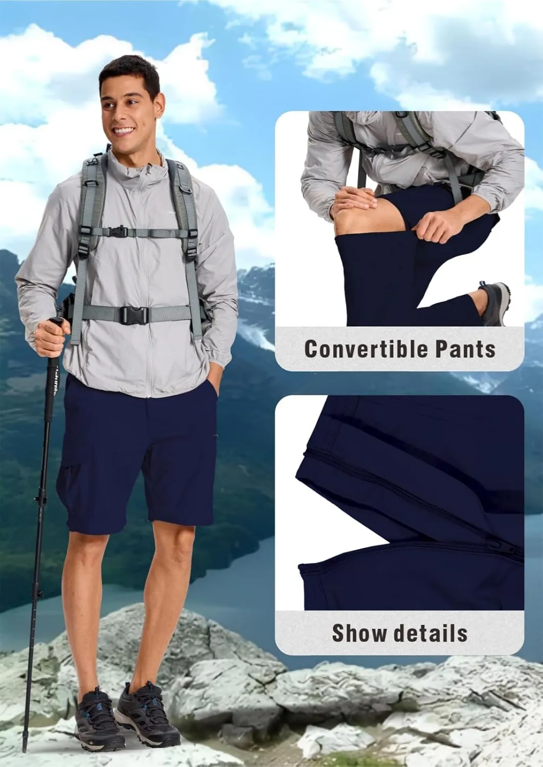 Mens Outdoor Hiking Pants Convertible Lightweight Water Resistant Quick Dry Zip Off Fishing Travel Camping Tactical Pants