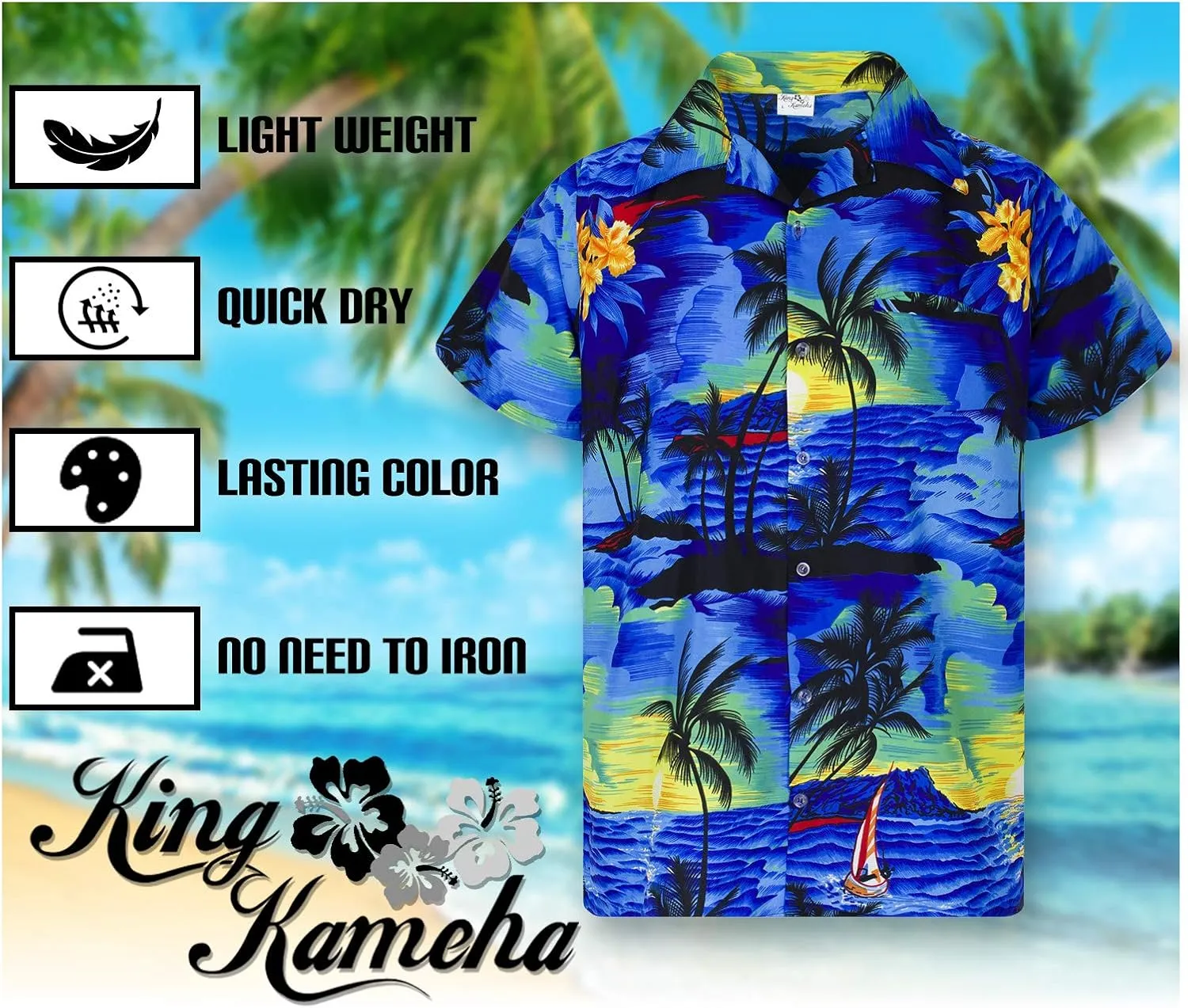 Men's Surfing-Shirt Short-Sleeve Casual-Button-Down Hawaii-Vacation Palms Sunset